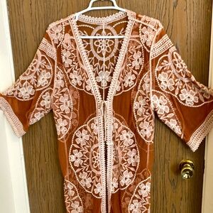 Burnt Orange Duster with Cream Color Embroderied Flowers. One Size.